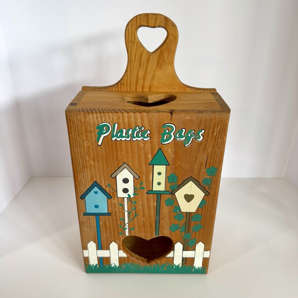 Wooden Plastic Grocery Bag Holder Heart Cutouts Cottage Core Decor Bird Houses